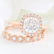 2.50CT Vintage Floral Cushion Cut Moissanite Halo Bridal Engagement Ring Set Mapple Gems